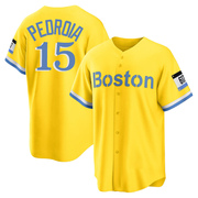 Gold/Light Replica Dustin Pedroia Men's Boston Red Sox Blue 2021 City Connect Player Jersey